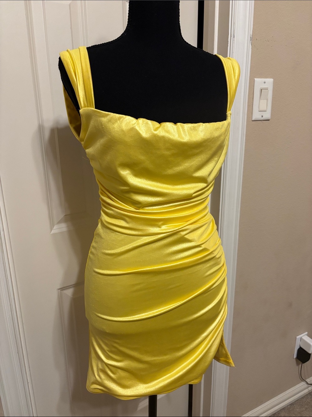 Lucy in the Sky Yellow Satin Ruched Mini Dress